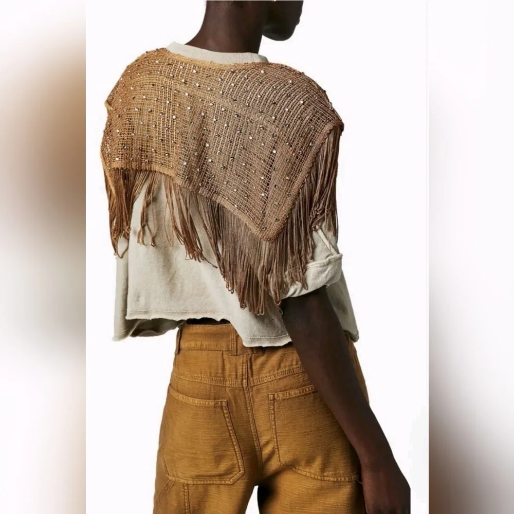 Free People Midnight Rodeo Loose Fit Fringe Cropped Top Beige/Gold Size XLarge - Picture 2 of 10
